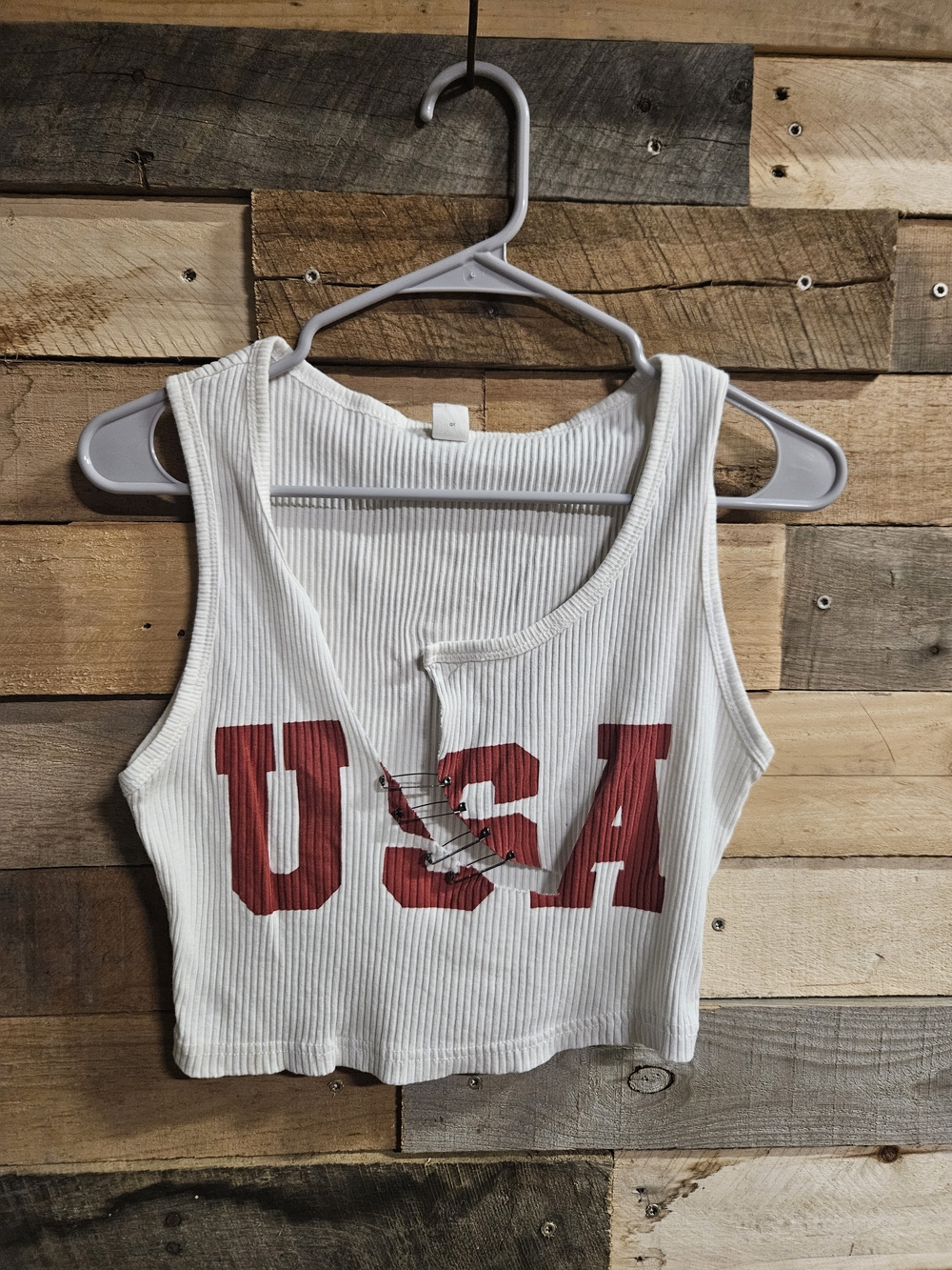 White Ribbed USA Graphic Crop Tank Top with Red Print